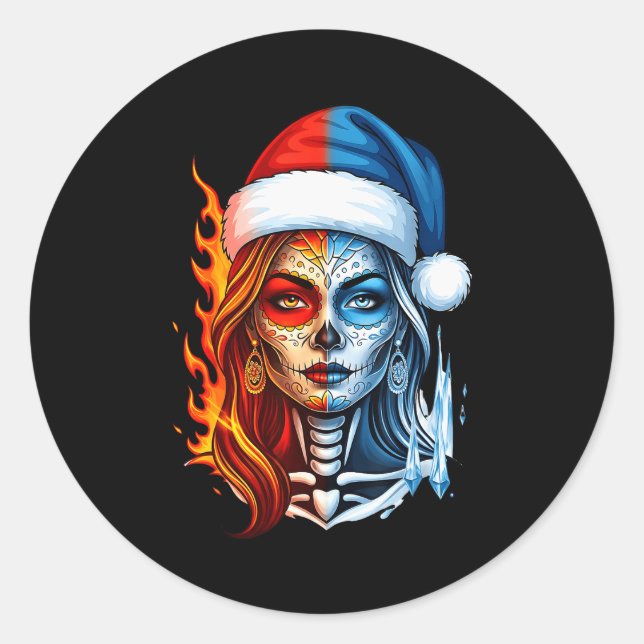 Christmas Sugar Skull Art Woman Santa Hat Fantasy  Runder Aufkleber (Vorderseite)