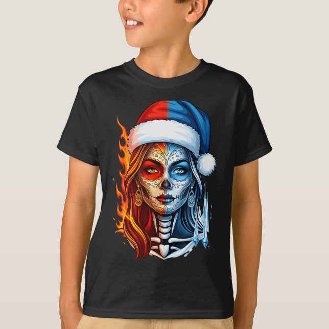 Christmas Sugar Skull Art Woman Santa Hat Fantasy  T-Shirt (Vorderseite)
