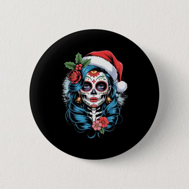 Christmas Sugar Skull Art Woman Santa Hat Festive  Button (Vorderseite)