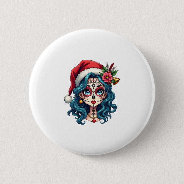 Christmas Sugar Skull Art Woman Santa Hat Festive  Button (Vorderseite)