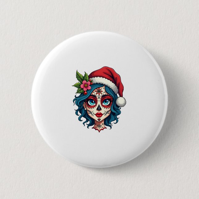 Christmas Sugar Skull Art Woman Santa Hat Festive  Button (Vorderseite)