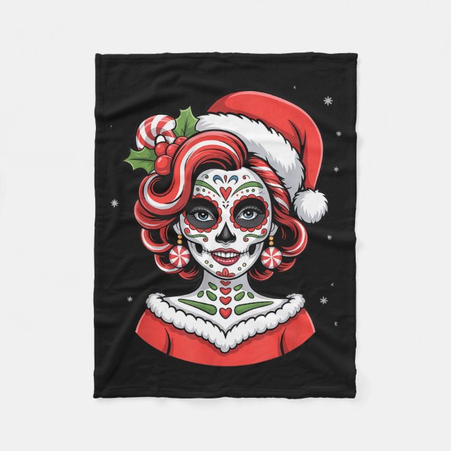 Christmas Sugar Skull Art Woman Santa Hat Festive  Fleecedecke (Vorderseite)