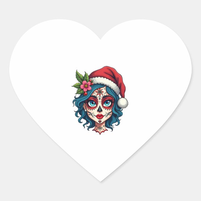 Christmas Sugar Skull Art Woman Santa Hat Festive  Herz-Aufkleber (Vorderseite)