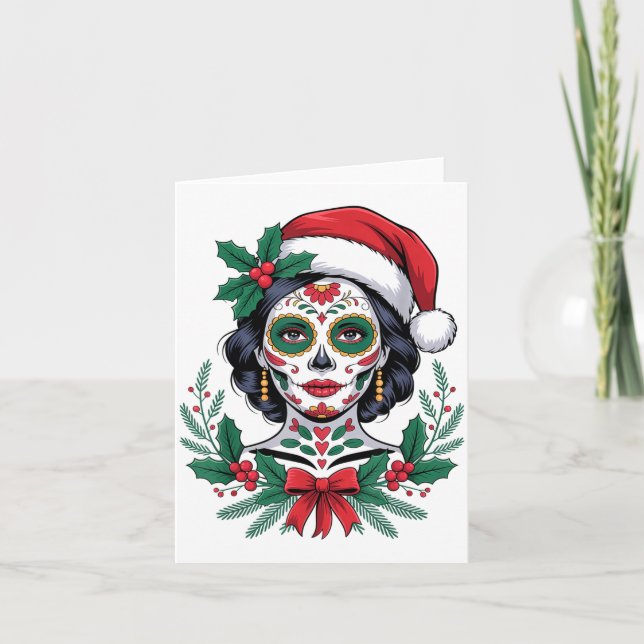 Christmas Sugar Skull Art Woman Santa Hat Festive  Karte (Vorderseite)