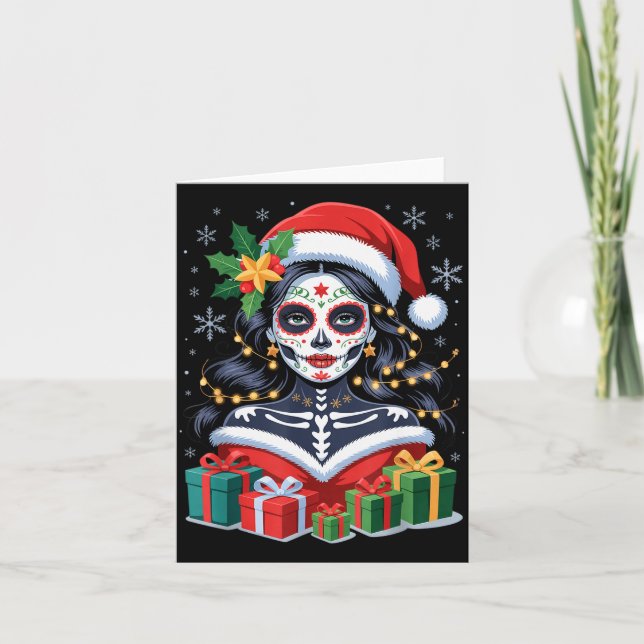 Christmas Sugar Skull Art Woman Santa Hat Festive  Karte (Vorderseite)