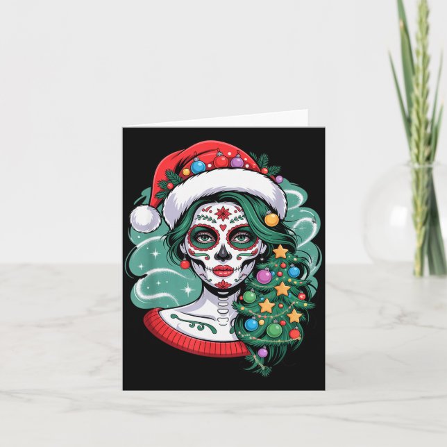 Christmas Sugar Skull Art Woman Santa Hat Festive  Karte (Vorderseite)