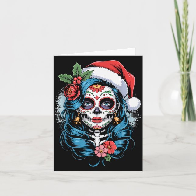 Christmas Sugar Skull Art Woman Santa Hat Festive  Karte (Vorderseite)