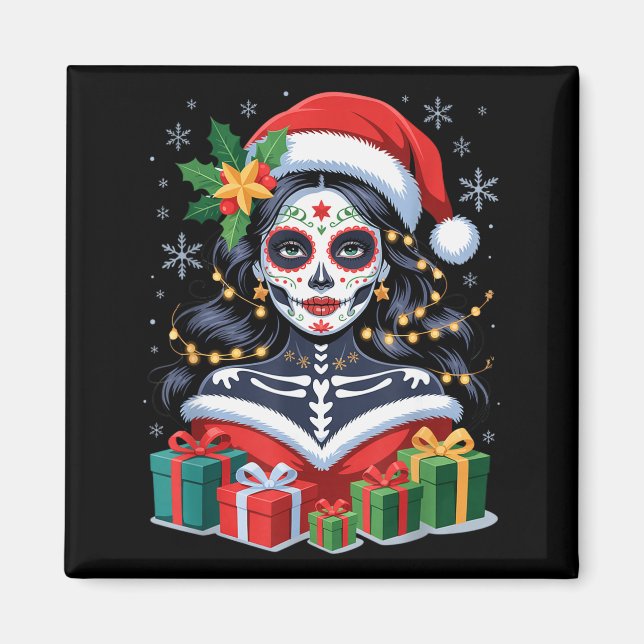 Christmas Sugar Skull Art Woman Santa Hat Festive  Magnet (Vorne)