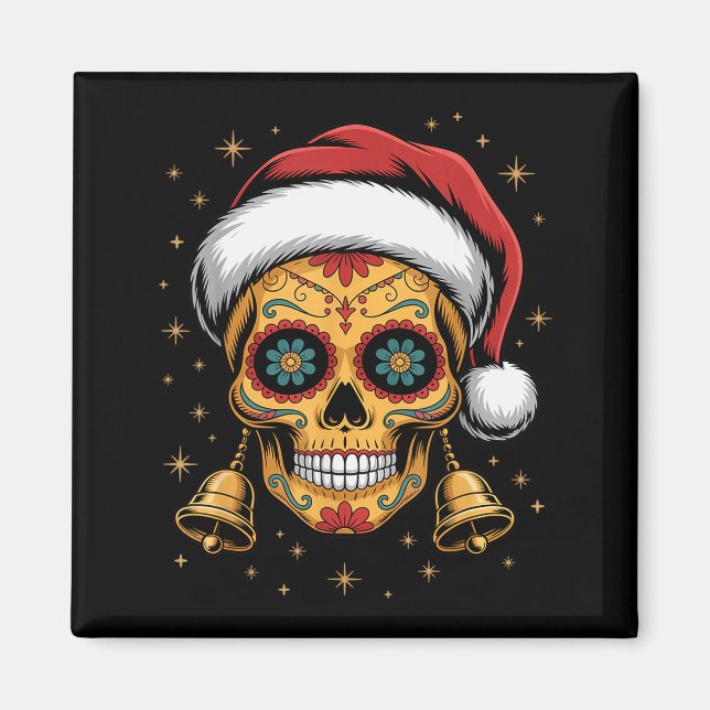Christmas Sugar Skull Art Woman Santa Hat Festive  Magnet (Vorne)