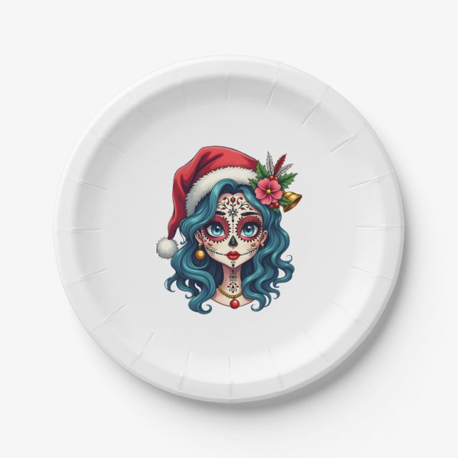 Christmas Sugar Skull Art Woman Santa Hat Festive  Pappteller (Vorderseite)