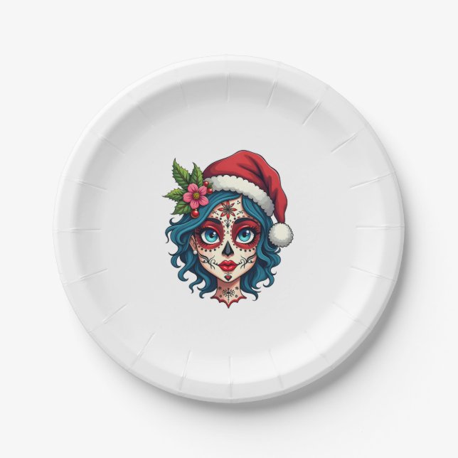 Christmas Sugar Skull Art Woman Santa Hat Festive  Pappteller (Vorderseite)