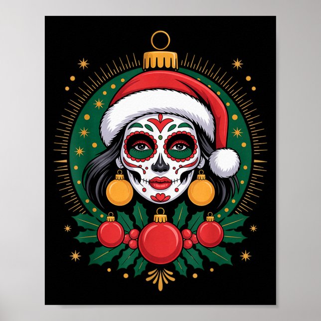 Christmas Sugar Skull Art Woman Santa Hat Festive  Poster (Vorne)