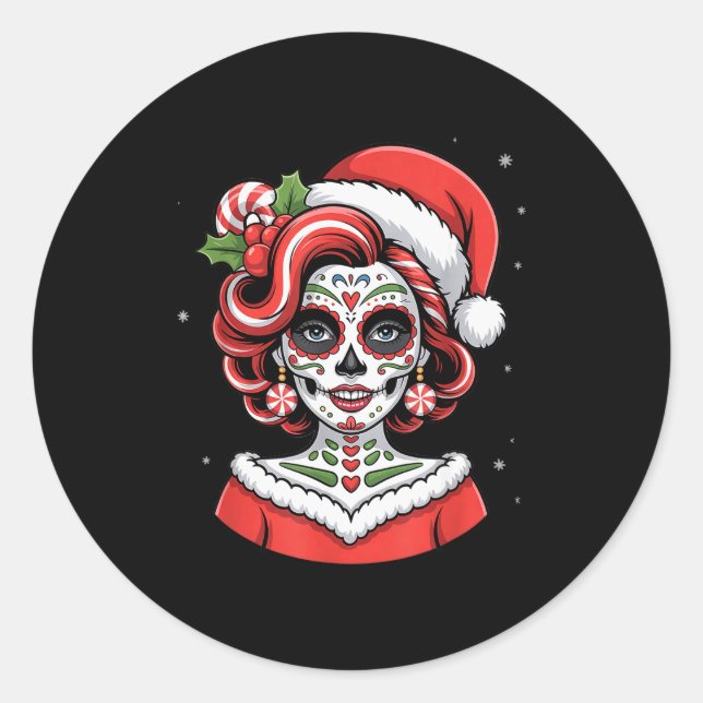 Christmas Sugar Skull Art Woman Santa Hat Festive  Runder Aufkleber (Vorderseite)