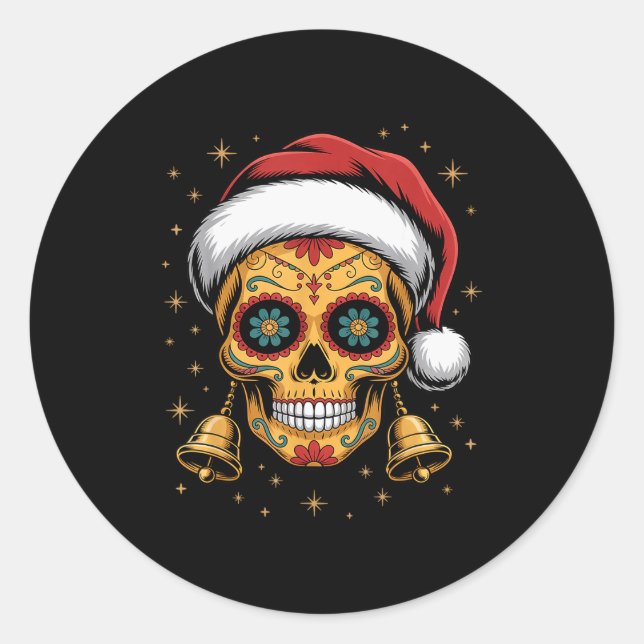 Christmas Sugar Skull Art Woman Santa Hat Festive  Runder Aufkleber (Vorderseite)