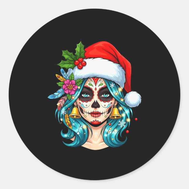 Christmas Sugar Skull Art Woman Santa Hat Festive  Runder Aufkleber (Vorderseite)
