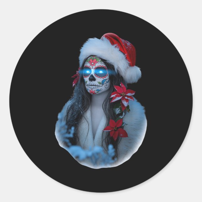 Christmas Sugar Skull Art Woman Santa Hat Festive  Runder Aufkleber (Vorderseite)