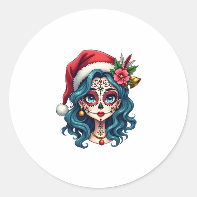 Christmas Sugar Skull Art Woman Santa Hat Festive  Runder Aufkleber (Vorderseite)