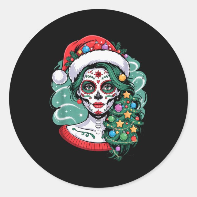 Christmas Sugar Skull Art Woman Santa Hat Festive  Runder Aufkleber (Vorderseite)