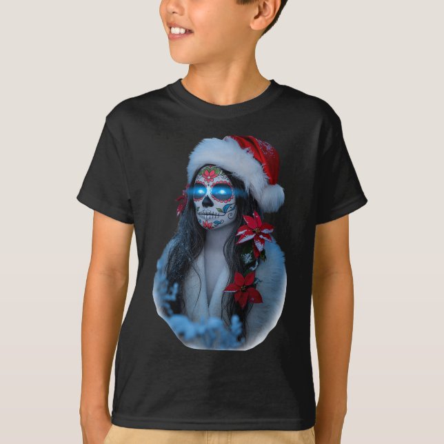 Christmas Sugar Skull Art Woman Santa Hat Festive  T-Shirt (Vorderseite)