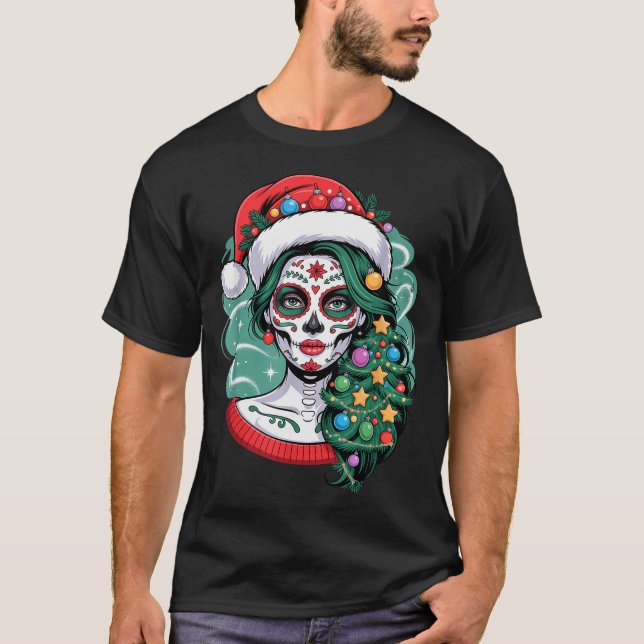 Christmas Sugar Skull Art Woman Santa Hat Festive  T-Shirt (Vorderseite)