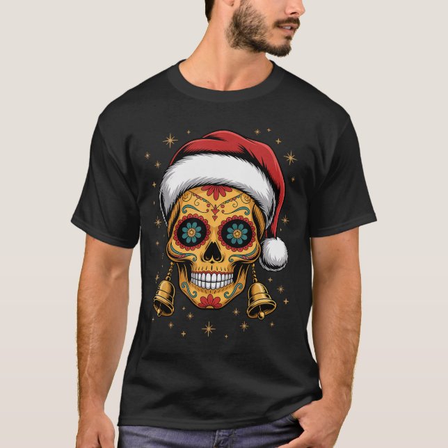 Christmas Sugar Skull Art Woman Santa Hat Festive  T-Shirt (Vorderseite)