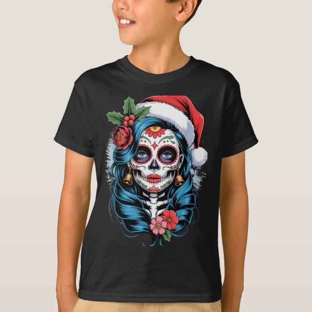 Christmas Sugar Skull Art Woman Santa Hat Festive  T-Shirt (Vorderseite)