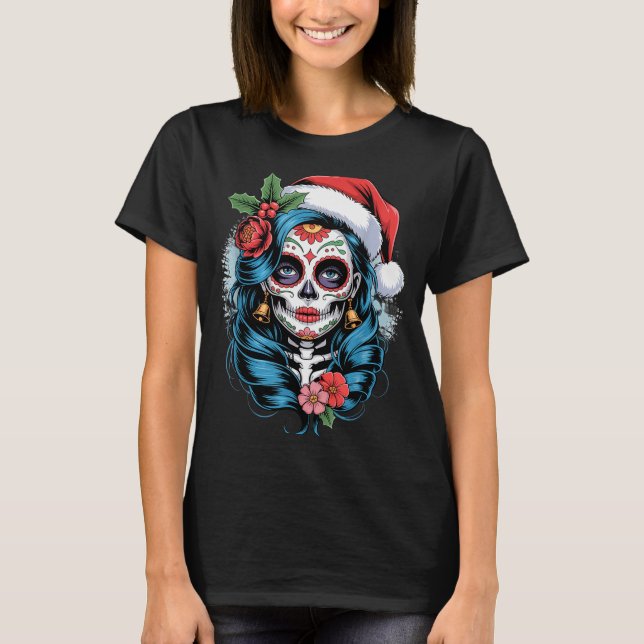 Christmas Sugar Skull Art Woman Santa Hat Festive  T-Shirt (Vorderseite)
