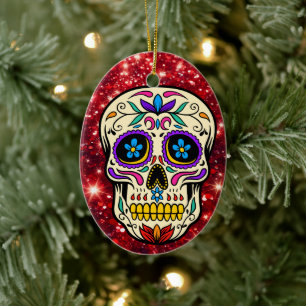 Christmas Sugar Skull Red Glitzer Keramik Ornament