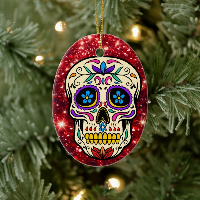 Christmas Sugar Skull Red Glitzer Keramik Ornament (Baum)
