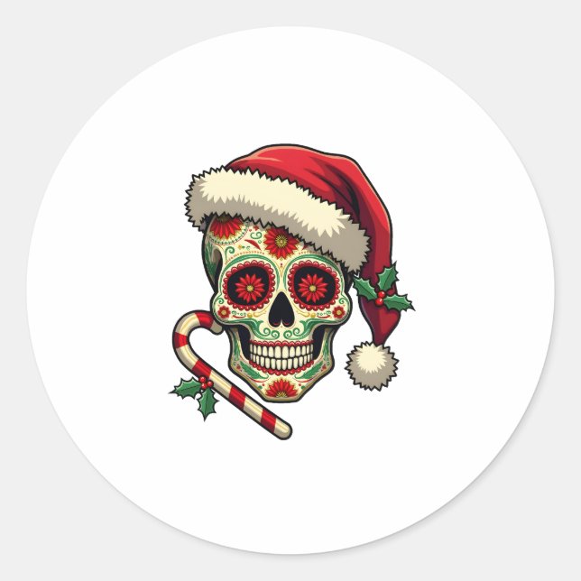 Christmas Sugar Skull Santa Hat Day Of The Dead Xm Runder Aufkleber (Vorderseite)