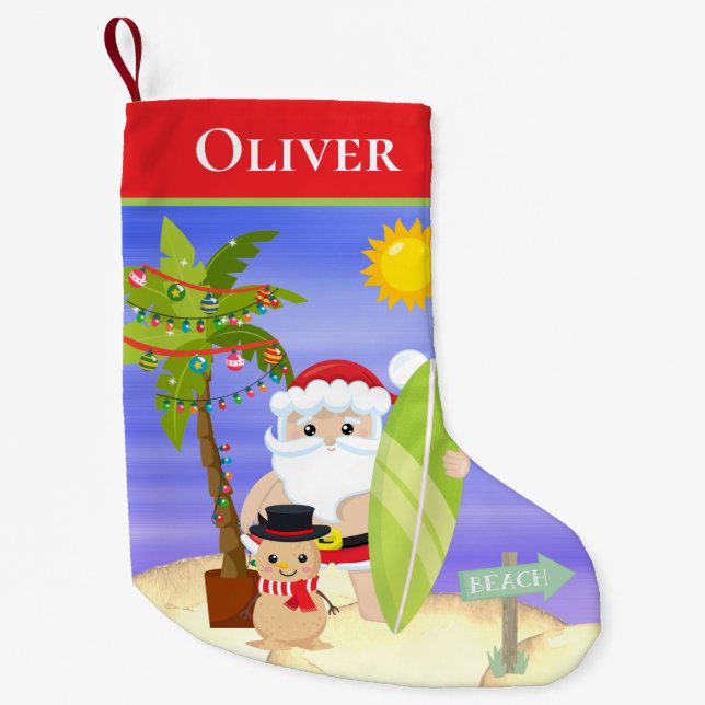 Christmas Summer Santa Beach Surfing Personalized Kleiner Weihnachtsstrumpf (Vorderseite)