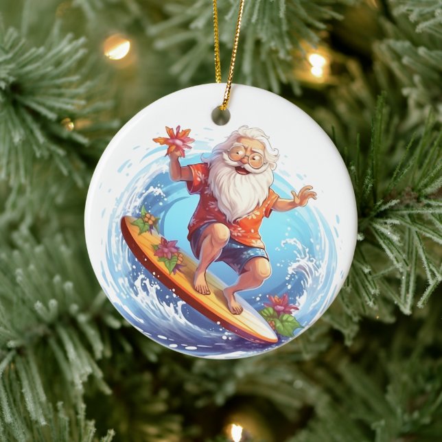 Christmas surfing watercolor Santa add text  Keramik Ornament (Baum)