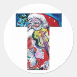 CHRISTMAS T LETTER / SANTA MIT VIOLIN MONOGRAM RUNDER AUFKLEBER
