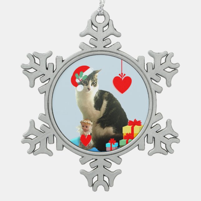 Christmas Tabby Cat Schneeflocken Zinn-Ornament (Vorderseite)