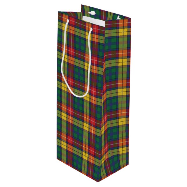 Christmas Tartan Clan Buchanan Yellow Kariert Geschenktüte Für Weinflaschen (Vorderseite Schrägansicht)