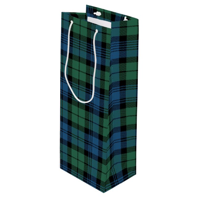 Christmas Tartan Clan Campbell Green Blue Kariert Geschenktüte Für Weinflaschen (Vorderseite Schrägansicht)