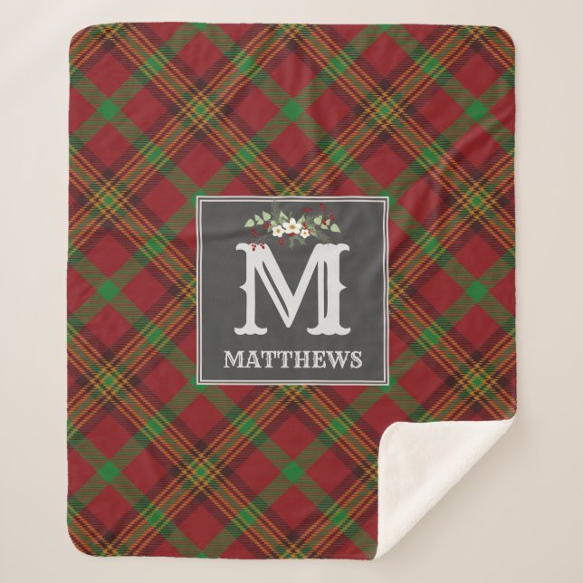 Christmas Tartan Monogram Family Pattern Holiday Sherpadecke (Vorderseite)