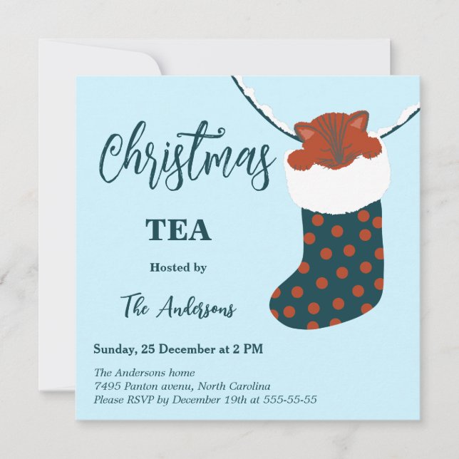 Christmas Tea Holly’s Boots Cat Party Invitation Einladung (Vorderseite)