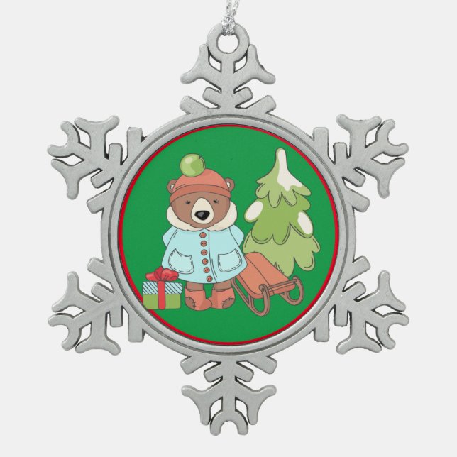 Christmas Teddy Bar Couple mit Geschenk Schneeflocken Zinn-Ornament (Vorderseite)