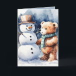 Christmas Teddy Bär und Snowman Feiertagskarte<br><div class="desc">Niedlicher Teddybär in Aquarellfarbe in Schneeflocken mit Schneemann. Text ist bearbeitbar.</div>