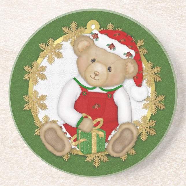 Christmas Teddy Bear - Junge Sandstein Untersetzer (Vorne)