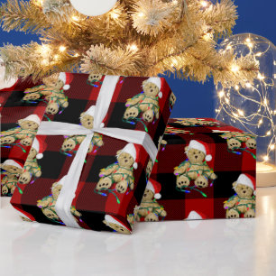 Christmas Teddy Bears On Buffalo Plaid Geschenkpapier