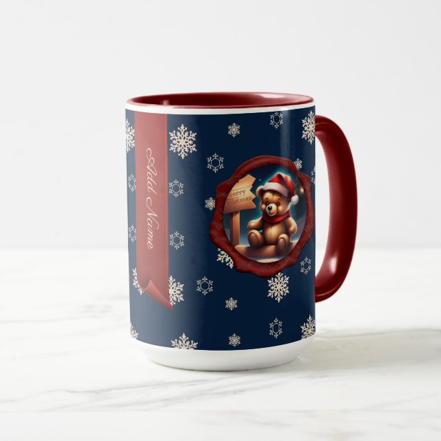 Christmas Teddy Sign Personalisiert Banner Blue Tasse (VorderseiteRechts)