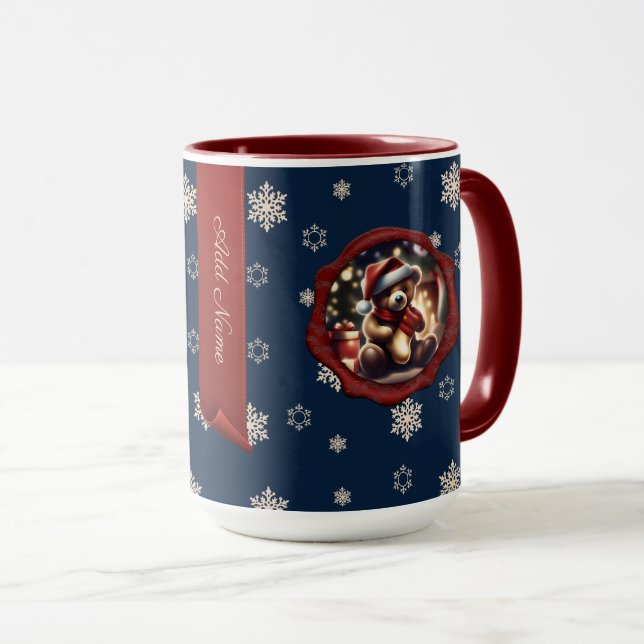 Christmas Teddy Strumpf Personalisiert Banner Blue Tasse (VorderseiteRechts)