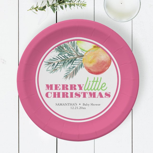 Christmas Theme Baby Shower Paper Plates Pappteller (Pink Christmas plates features watercolor bauble and pine art by Victoria Grigaliunas DoTellABelle)