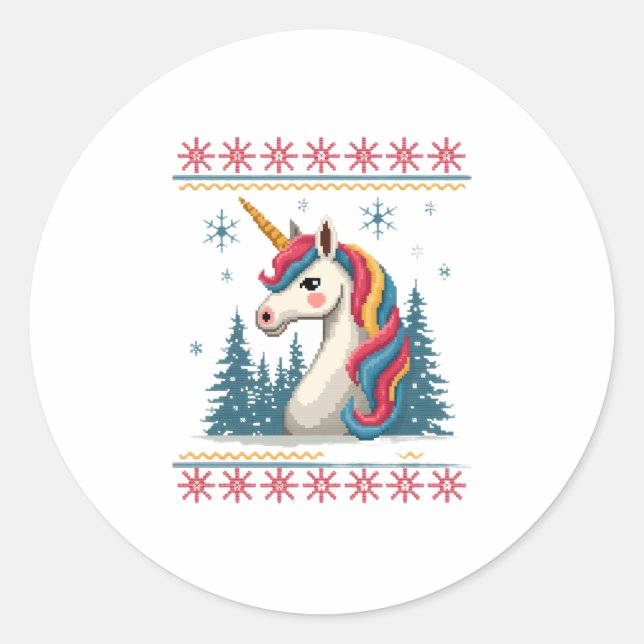 Christmas Theme Knitted Unicorn Unicorns T-Shirt ( Runder Aufkleber (Vorderseite)