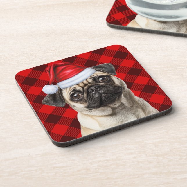 Christmas Themed Pug Dog Holiday Buffalo Plaid Getränkeuntersetzer (Linke Seite)