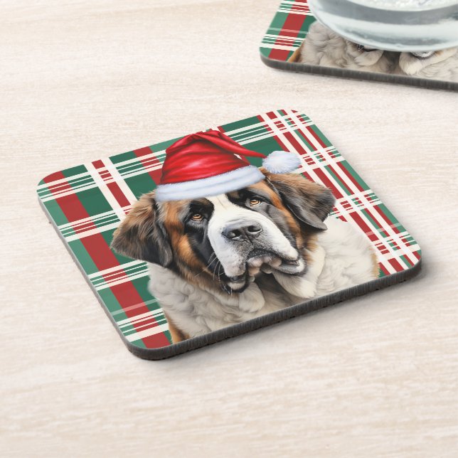 Christmas Themed Saint Bernard Dog Holiday Plaid Getränkeuntersetzer (Linke Seite)
