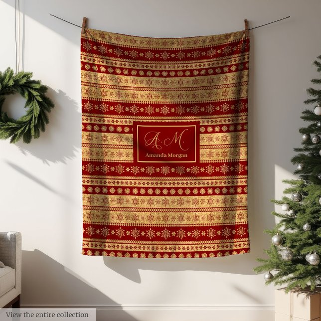 Christmas Throw Blanket Elegant Red Gold Accent Fleecedecke (Personalized Throw Blanket Red Gold Luxe Christmas)