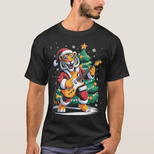 Christmas Tiger Playing Guitar Music Santa Hat Xma T-Shirt (Vorderseite)